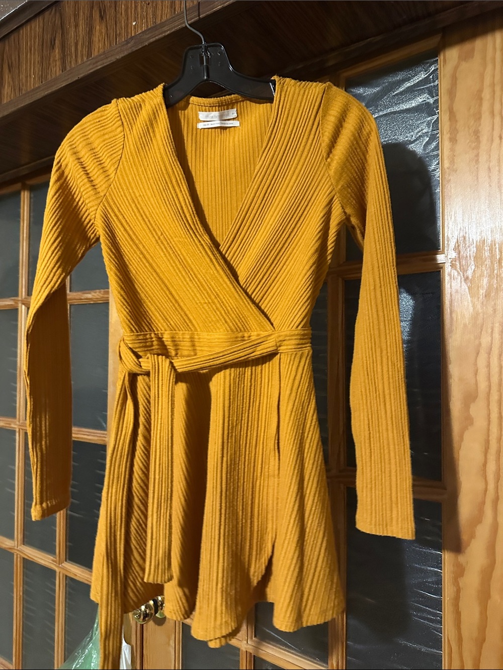 Urban Outfitters Mustard Ribbed Wrap Dress with Waist Tie